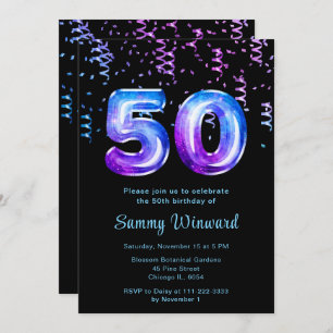 50th Birthday Galaxy Balloons with Confetti Invitation