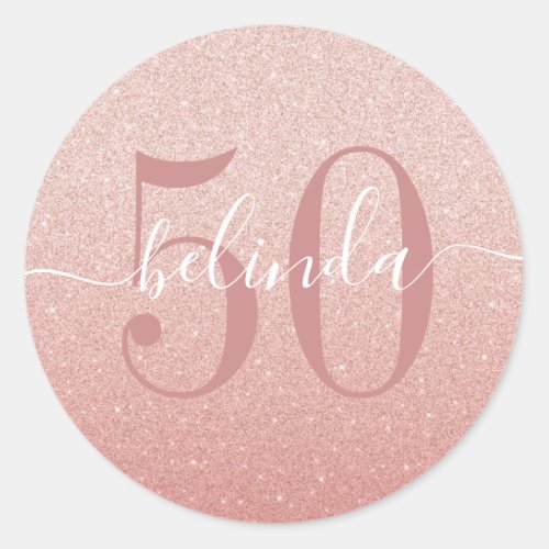50th Birthday Girly Rose Gold Blush Pink Monogram Classic Round Sticker