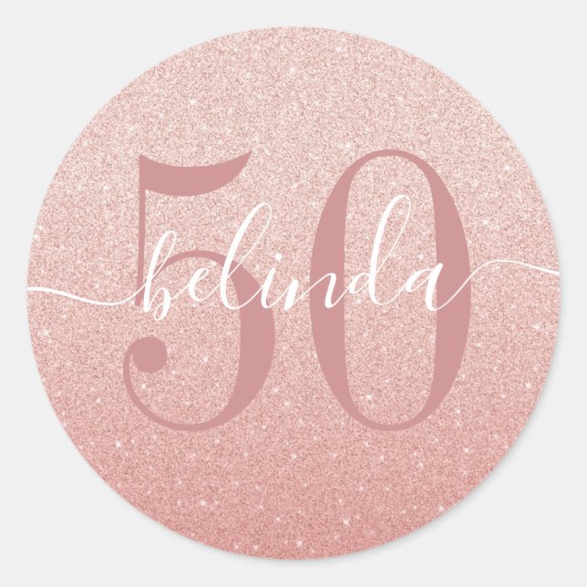 50th Birthday Girly Rose Gold Blush Pink Monogram Classic Round Sticker (Front)