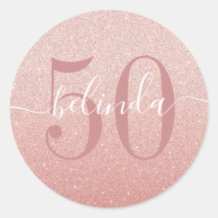 50th Birthday Girly Rose Gold Blush Pink Monogram Classic Round Sticker