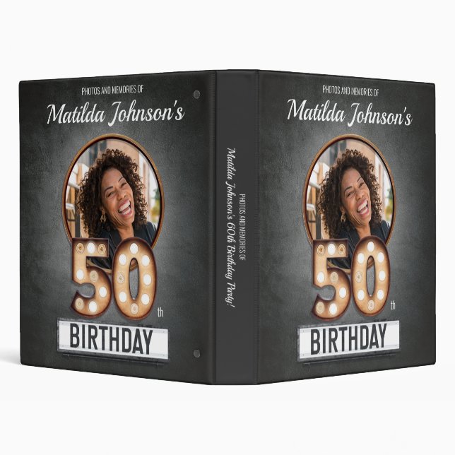 50th Birthday Glamorous Marquee Light Bulb Photo 3 Ring Binder (Background)
