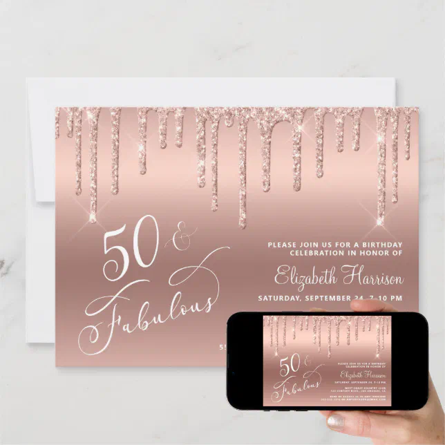 50th Birthday Glitter Rose Gold Invitation Zazzle 7251