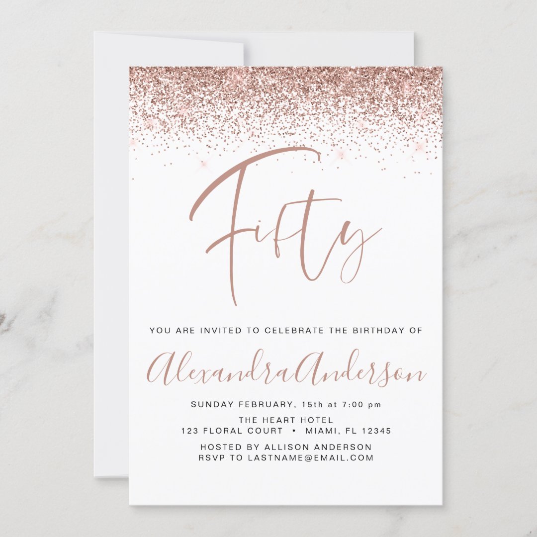 50th Birthday Glitter Rose Gold Pink Invitation | Zazzle