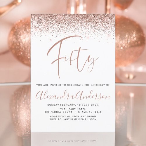 50th Birthday Glitter Rose Gold Pink Invitation