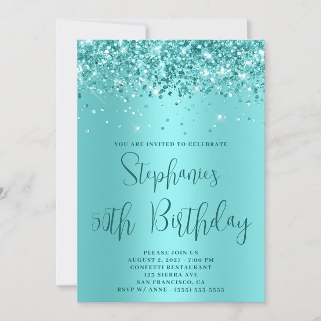 50th Birthday Glittery Pale Aqua Teal Invitation (Front)