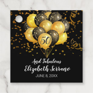 50th Birthday Gold And Black Balloons And Confetti Favor Tags