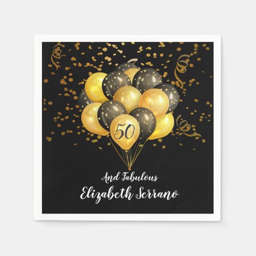 50th Birthday Gold And Black Balloons And Confetti Napkins