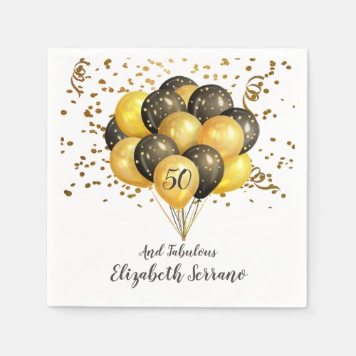 50th Birthday Gold And Black Balloons And Confetti Napkins
