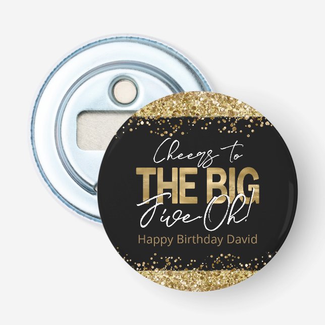 50th Birthday Gold and Black Big Five-Oh Bottle Op Bottle Opener (Front)
