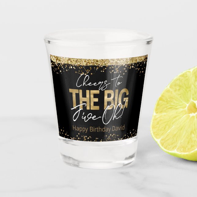 50th Birthday Gold and Black Big Five-Oh  Shot Gla Shot Glass (Front)