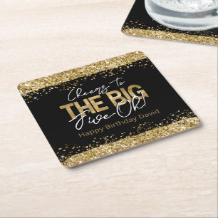 50th Birthday Gold and Black Big Five-Oh Square Pa Paper Coaster