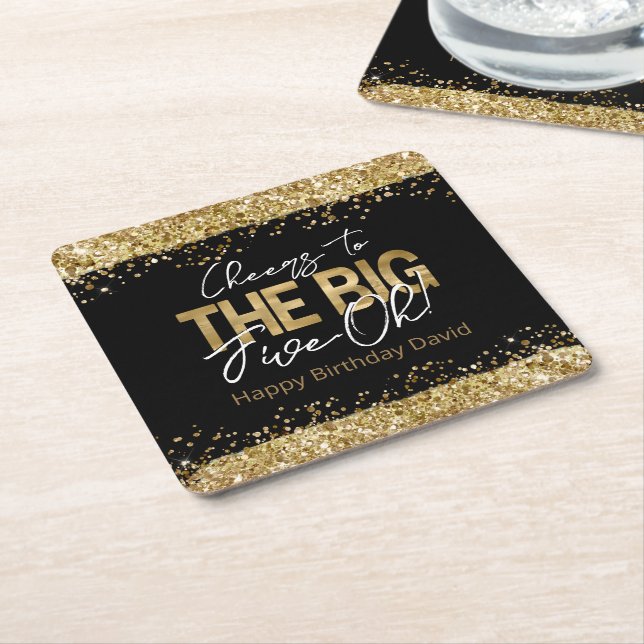 50th Birthday Gold and Black Big Five-Oh Square Pa Square Paper Coaster (Angled)