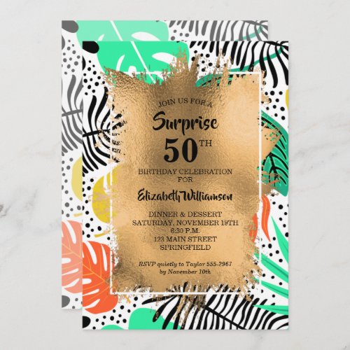 50th Birthday Gold and Modern Tropical Invitation