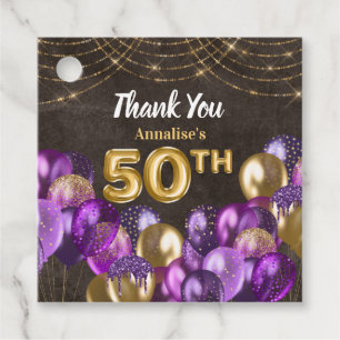 50th Birthday Gold and Purple Balloons Thank You Favor Tags