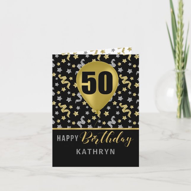 50th Birthday Gold and Silver Confetti Balloon Card (Front)