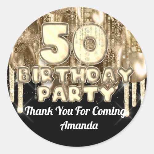 50th birthday Gold BALLONS Thank you  coming name Classic Round Sticker