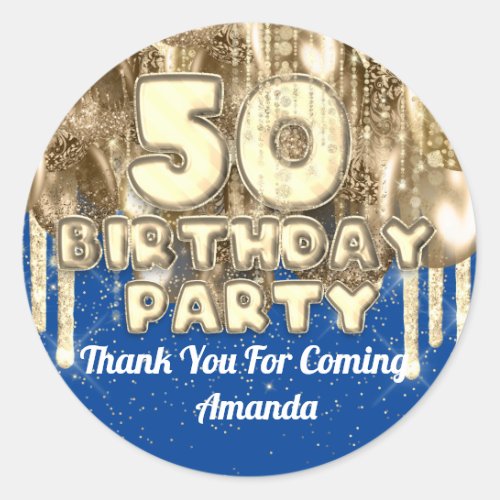 50th birthday Gold BALLONS Thank you for blue Classic Round Sticker