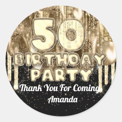 50th birthday Gold BALLONS Thank you for name Classic Round Sticker