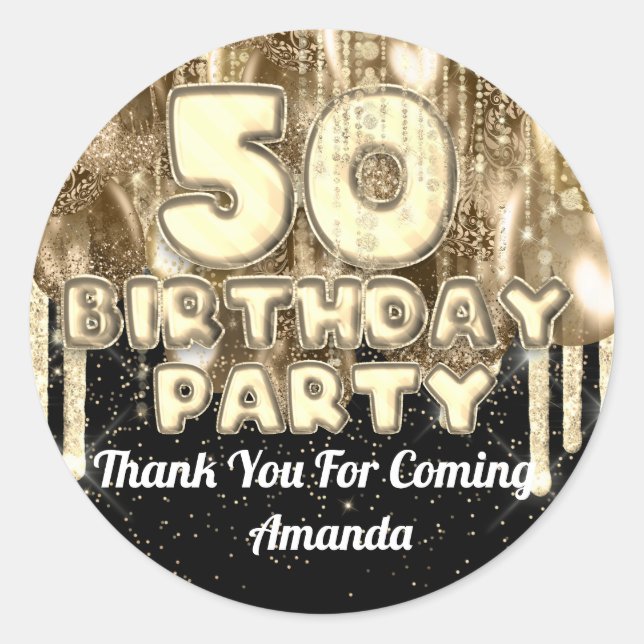 50th birthday Gold BALLONS Thank you for name Classic Round Sticker (Front)
