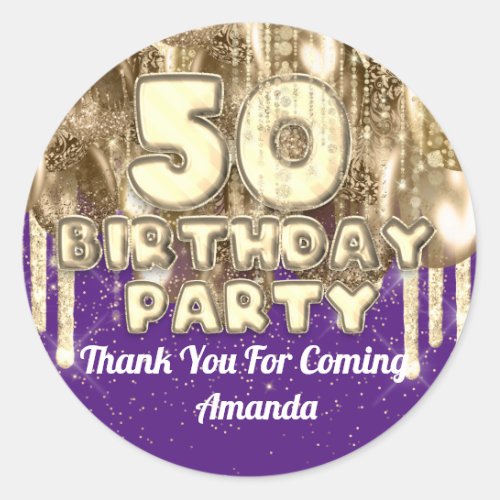 50th birthday Gold BALLONS Thank you for Purple Classic Round Sticker
