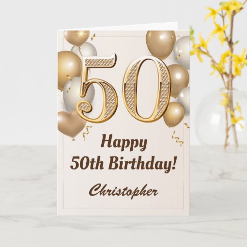 50th Birthday Gold Balloons And Confetti Birthday Card Zazzle