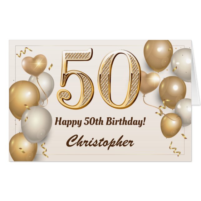 50th Birthday Gold Balloons Confetti Extra Large Card (Front Horizontal)