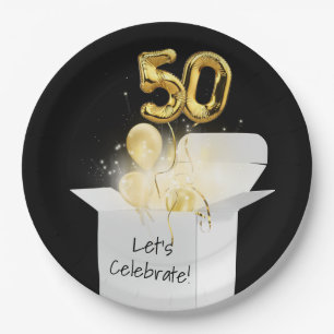 50th Birthday Gold Balloons In White Box    Paper Plates