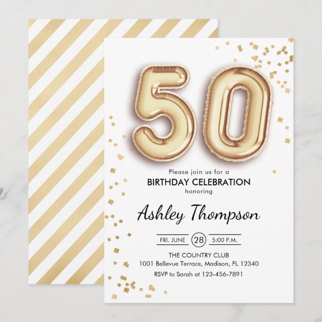 50th Birthday - Gold Balloons Invitation (Front/Back)