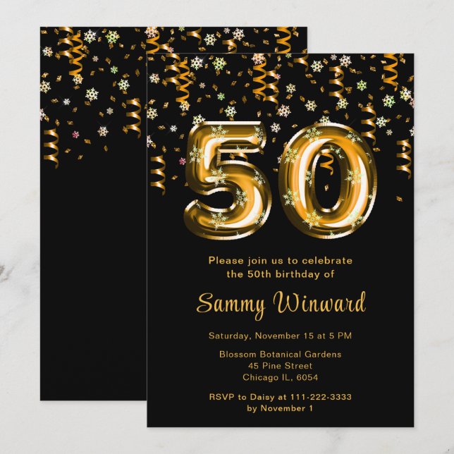 50th Birthday Gold Balloons Snowflake Confetti Invitation (Front/Back)