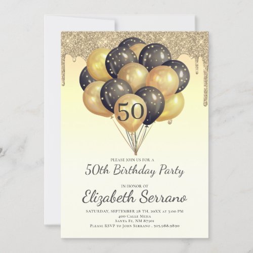 50th Birthday Gold Black Balloons Glitter Drips Invitation