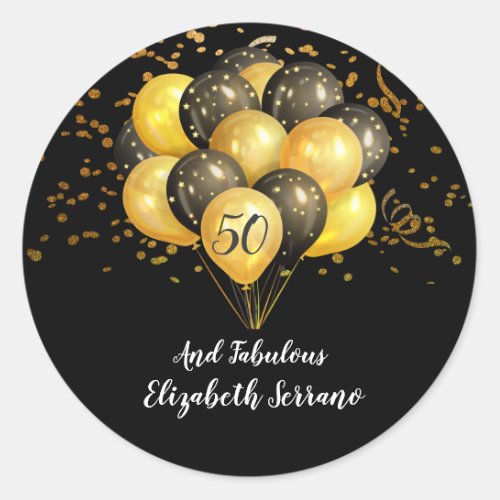 50th Birthday Gold  Black Balloons On Black Classic Round Sticker