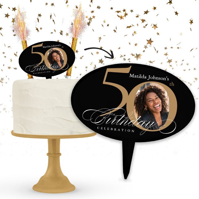 50th Birthday Gold Black Calligraphy Custom Photo Cake Topper (Creator Uploaded)