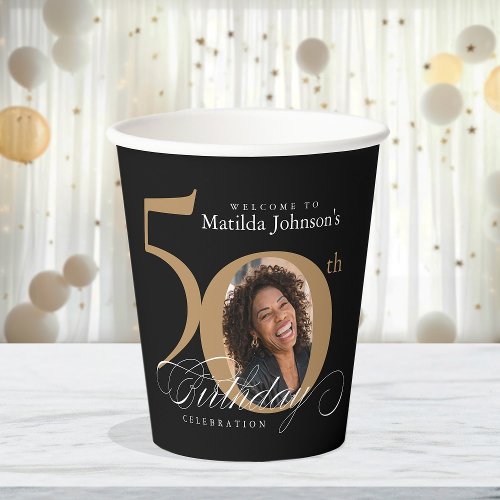 50th Birthday Gold Black Calligraphy Custom Photo Paper Cups