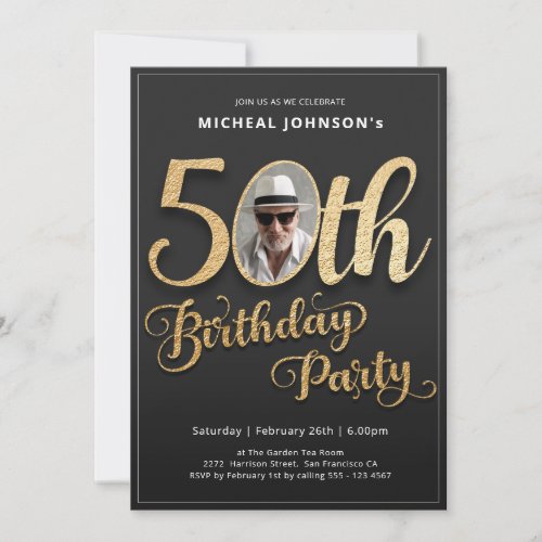 50th Birthday Gold Black Modern Custom Photo Invitation