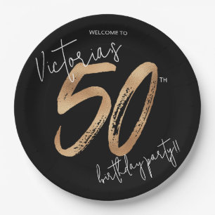 50th Birthday Gold Black Modern Sassy Elegant Paper Plates