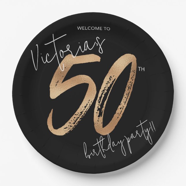 50th Birthday Gold Black Modern Sassy Elegant Paper Plates (Front)