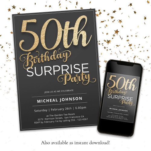 50th Birthday Gold Black Modern Surprise Party Invitation