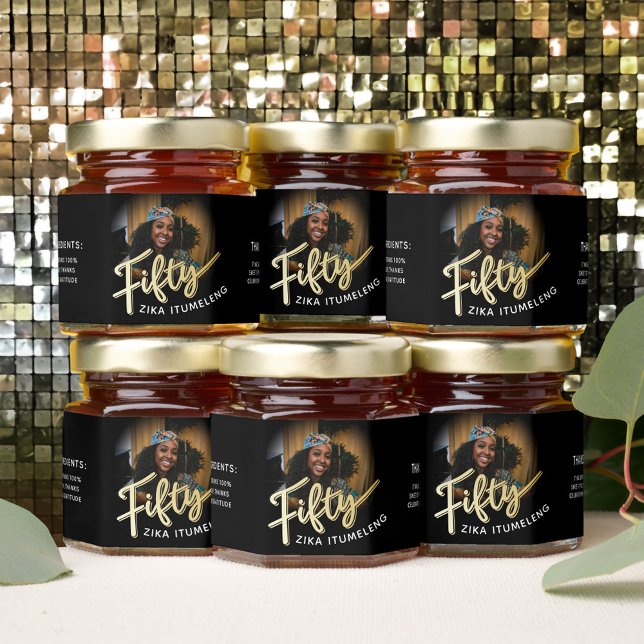 50th birthday gold black personalized photo name honey jar favors (Creator Uploaded)