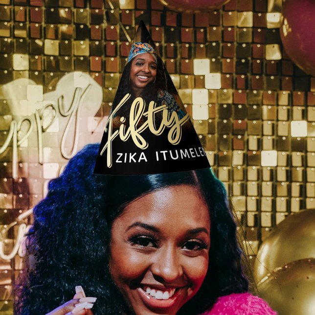 50th birthday gold black personalized photo name party hat (Creator Uploaded)
