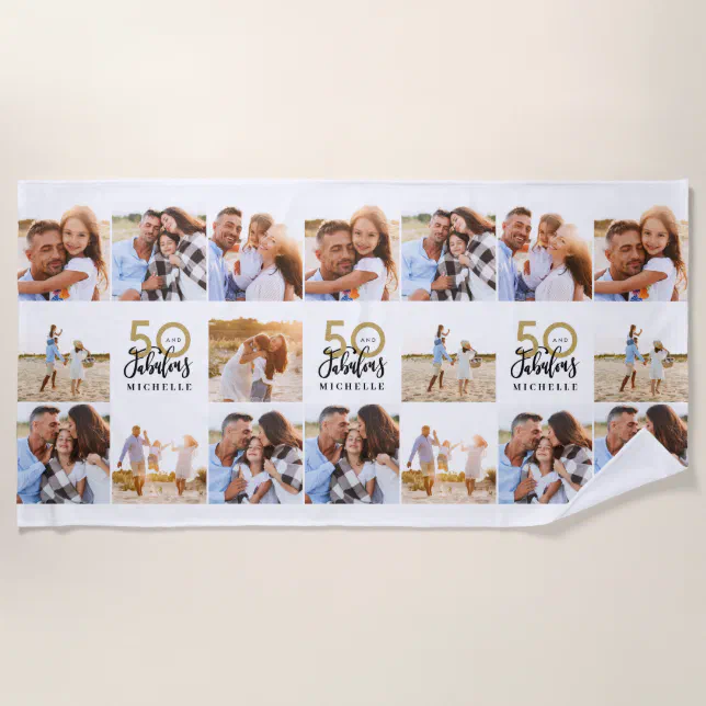50th birthday gold black photo collage chic beach beach towel Zazzle