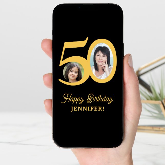 50th birthday gold black photo personalized card (Front Digital)