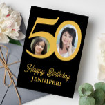 50th birthday gold black photo personalized card<br><div class="desc">Trendy bold typography 50 years woman birthday funny unique greeting card template with 2 photos and modern retro style script. Easy to personalize with your text and pictures on both sides. Digital download available.</div>