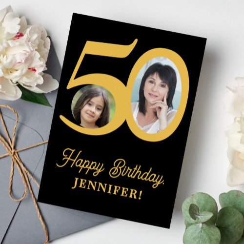 50th birthday gold black photo personalized card