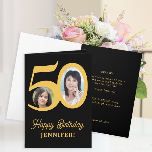 50th birthday gold black photo personalized card