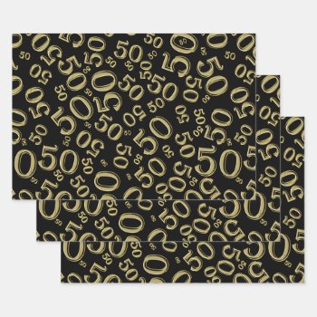 50th Birthday Gold & Black Random Number Pattern Wrapping Paper Sheets by NancyTrippPhotoGifts at Zazzle
