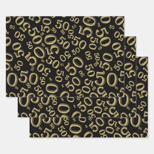 50th Birthday Gold  Black Random Number Pattern Wrapping Paper Sheets