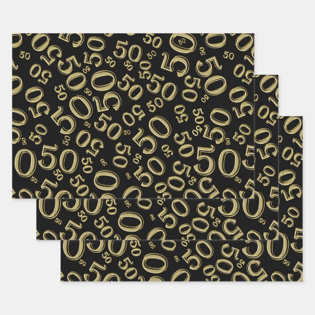 50th Birthday Gold & Black Random Number Pattern Wrapping Paper Sheets (Set)