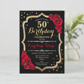 50th Birthday - Gold Black Red Roses Invitation (Standing Front)