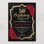 50th Birthday - Gold Black Red Roses Invitation<br><div class="desc">50th birthday celebration invitation. Elegant black design with faux glitter gold and red roses. Perfect for an elegant birthday party. Can be customized into any age.</div>