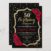 50th Birthday - Gold Black Red Roses Invitation (Front/Back)